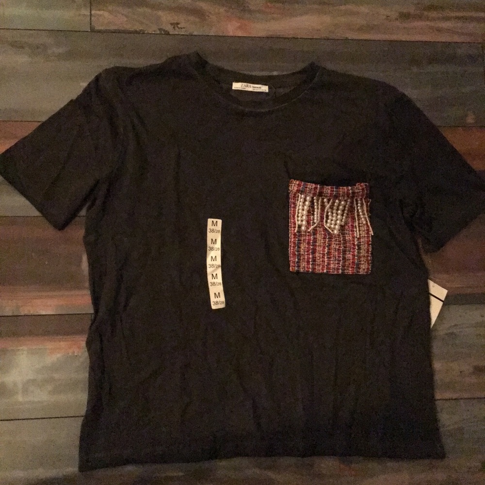 Zara Tweed Pocket w/ Pearls T-Shirt👛